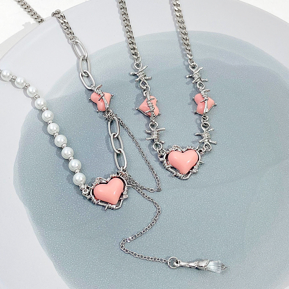 Wholesale Puffed Heart Pink Sweet Cool Style Niche Thorn Hot Girl Light Luxury Clavicle Chain Necklace